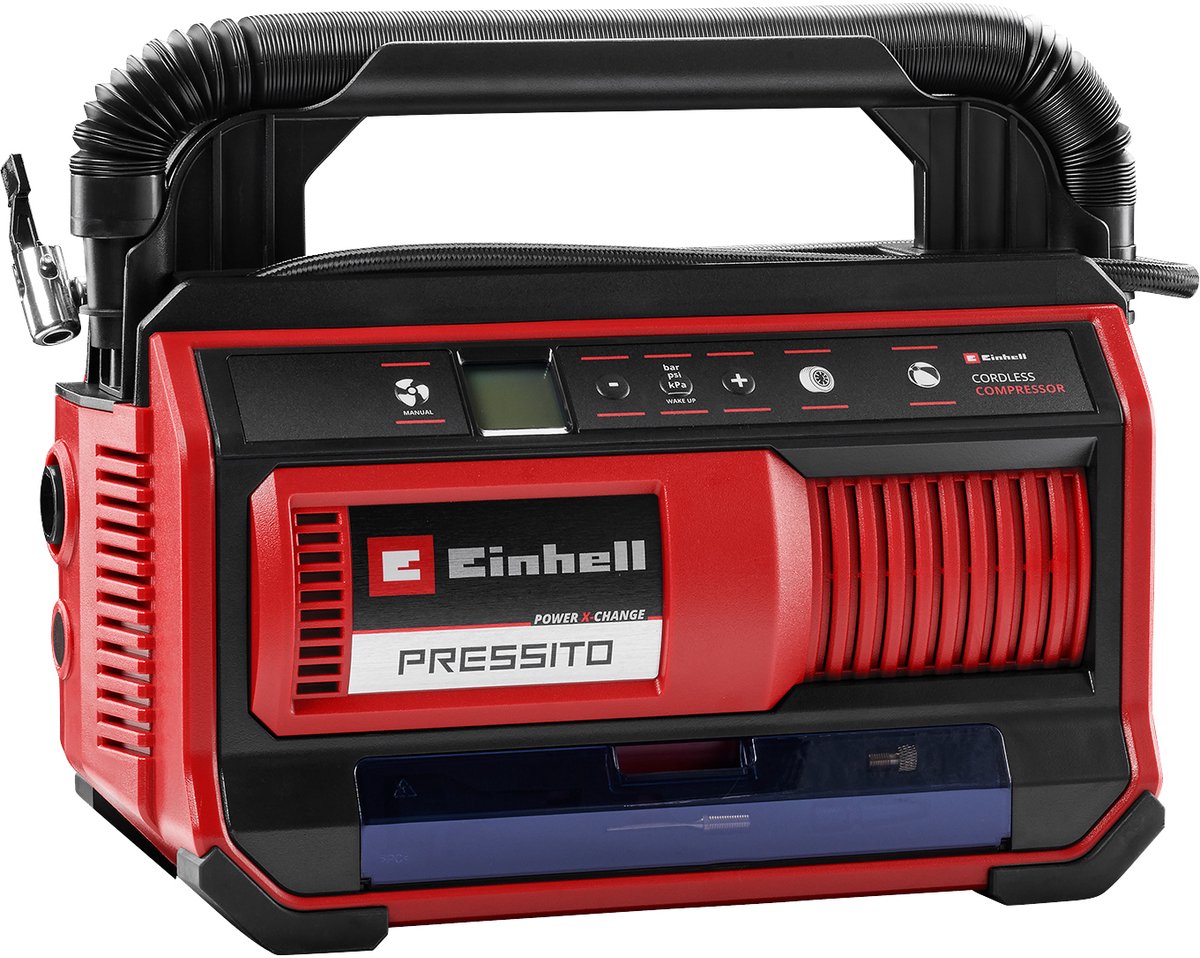 Einhell accu compressor pressito 18/25 li solo - power x-change - 18 v/li-ion - aanzuigcapaciteit hogedruk-/lagedrukpomp: 25/360 l/min - max. werkdruk hogedrukpomp: 11 bar - incl. 3-delige adapterset - excl. accu en lader afbeelding