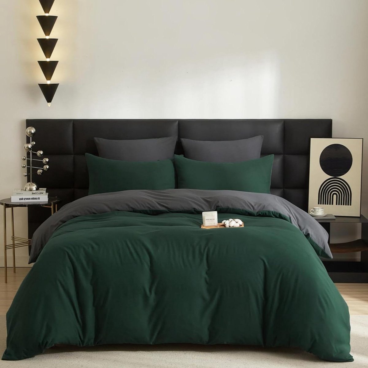 Gezu Bed Linen Cotton Grey 220 x 240 cm Green Dark Green 3-Piece Cotton Breathable Soft Fi