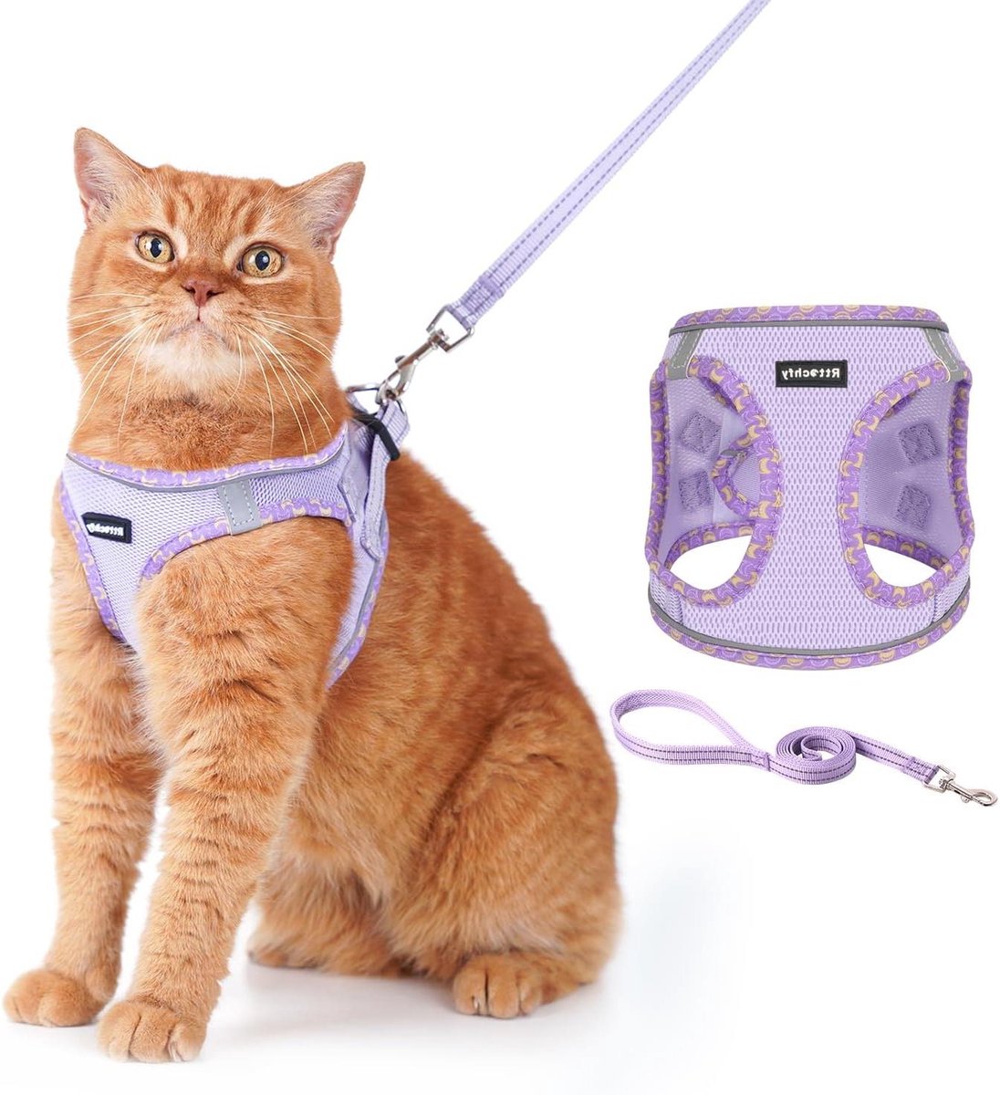 Rttochfy Kattenharnas en riemset, ontsnappingsbestendig kattenharnas, zacht en ademend vest met reflecterende strip, gemakkelijk te dragen voor katten die wandelen en reizen (paars, L)