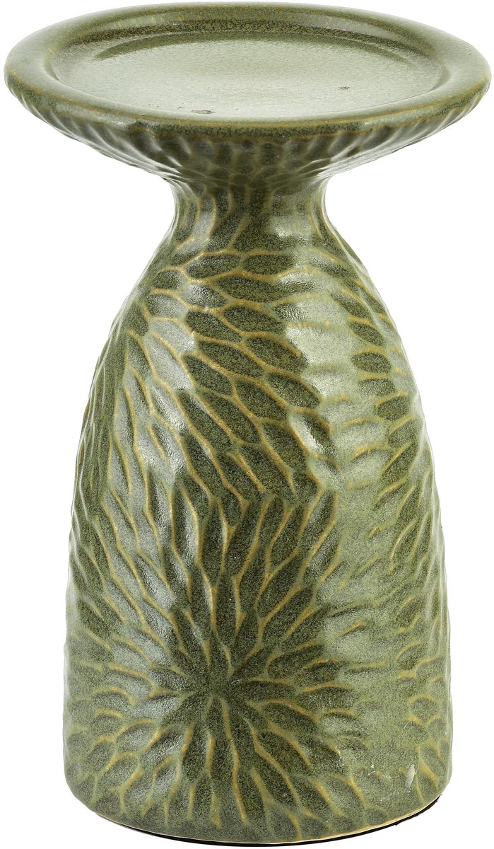 Mondex Yarine Green - Keramische Kaarsenhouder - 10,5x8,5x16,5 cm - Groen - Decoratieve Structuur