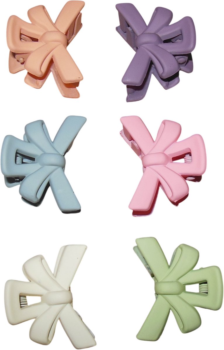 Haarklemmetjes strik-vorm diverse kleuren set van 6 stuks.
