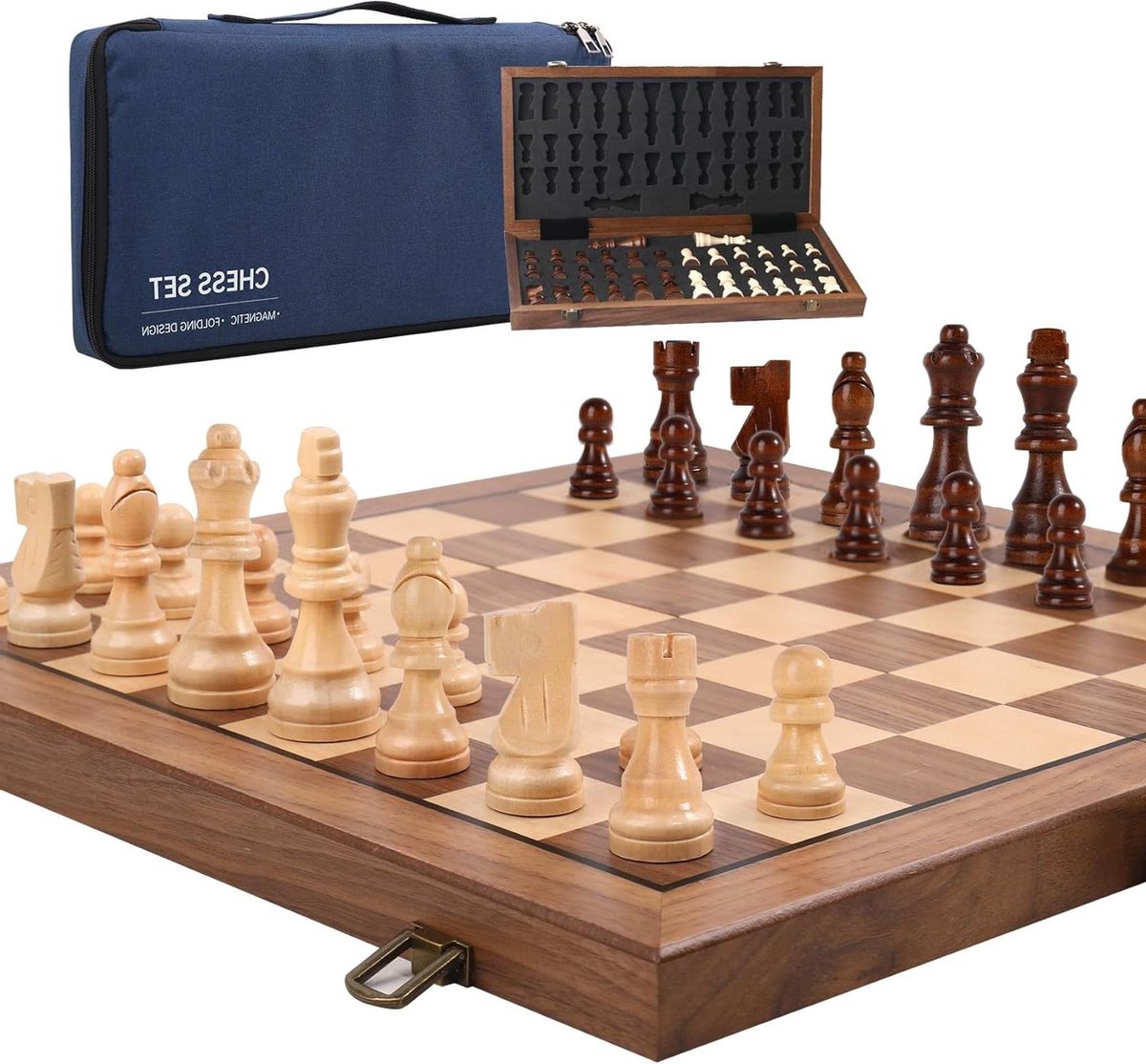 Schaakset Magnetisch - Schaakbord Opvouwbaar - Reizen en Toernooien - Walnoot Houten Stukken - 15 inch - Blauw