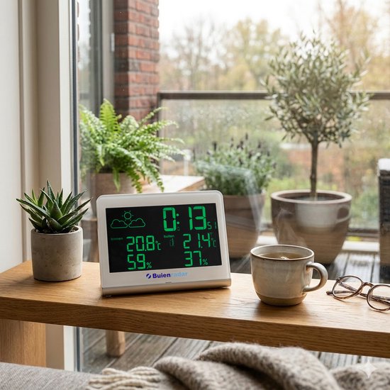 Een wit digitaal weerstation staat op een houten plank naast een mok thee en een bril. Op de achtergrond een balkon met planten.