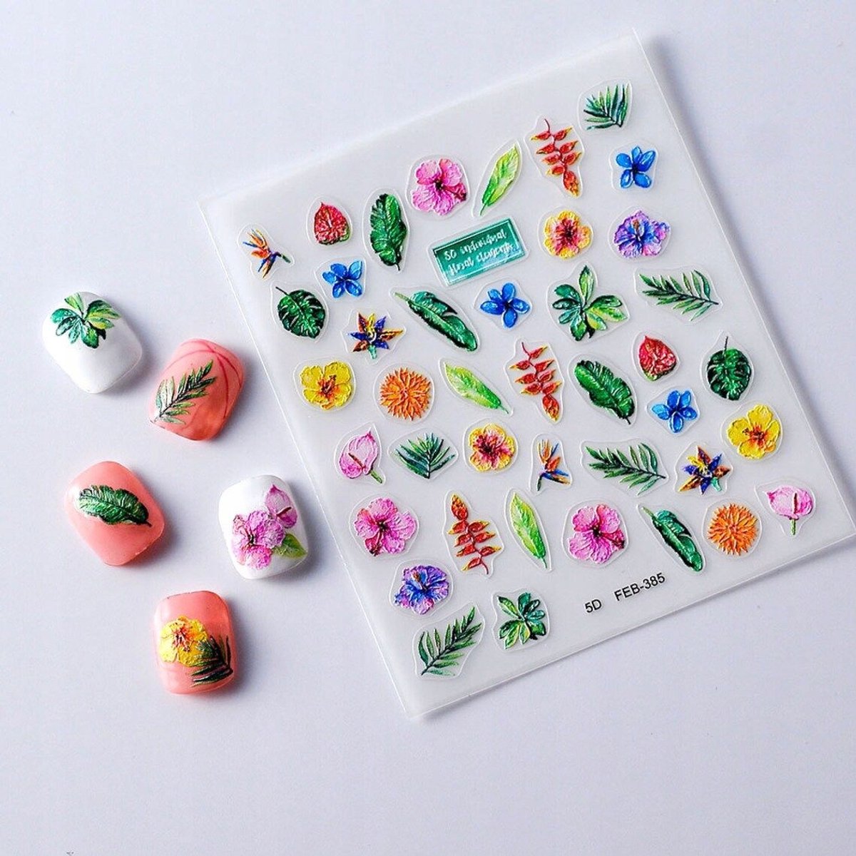 Frezarkowo - Zomer Nagelstickers - 3D - Zelfklevend - Bloemen en Bladeren