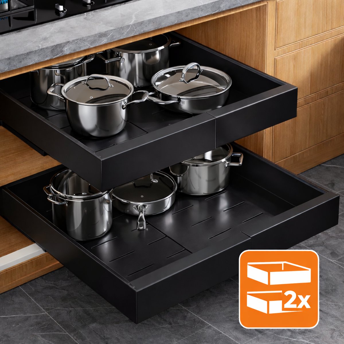 2 Stuks Joyage Schuiflade keukenkast Organizer – Verstelbaar 32-52 cm – Keukenkast Lade – Zwart - Keuken Organizers - Kitchen Organizer - Lade Organizer Kast - Under sink Organizer - Gootsteenkast Organizer - Keukenrek - Badkamer organizer