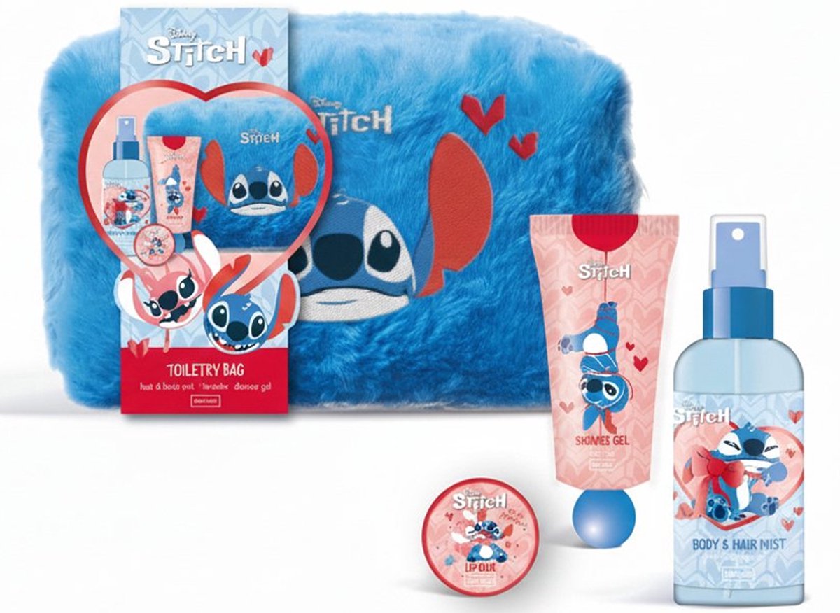 Disney Stitch Fluffy Blauwe Toilettas – Luxe Cadeauset met Lipbalm, Body & Hairmist en Douchegel - Geschenkset meisjes - Giftset - Valentijnsdag