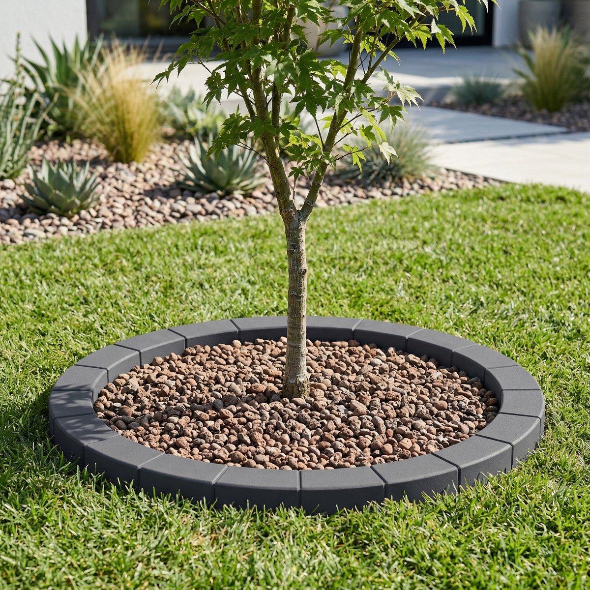 ACXIN Boomring - Grasrand met Onkruiddoek & Aarde Palen - Weerbestendige Wortelbescherming voor Bomen en Struiken - Maaikante voor Tuin & Mähroboter - Anthrazit Ø 80 cm