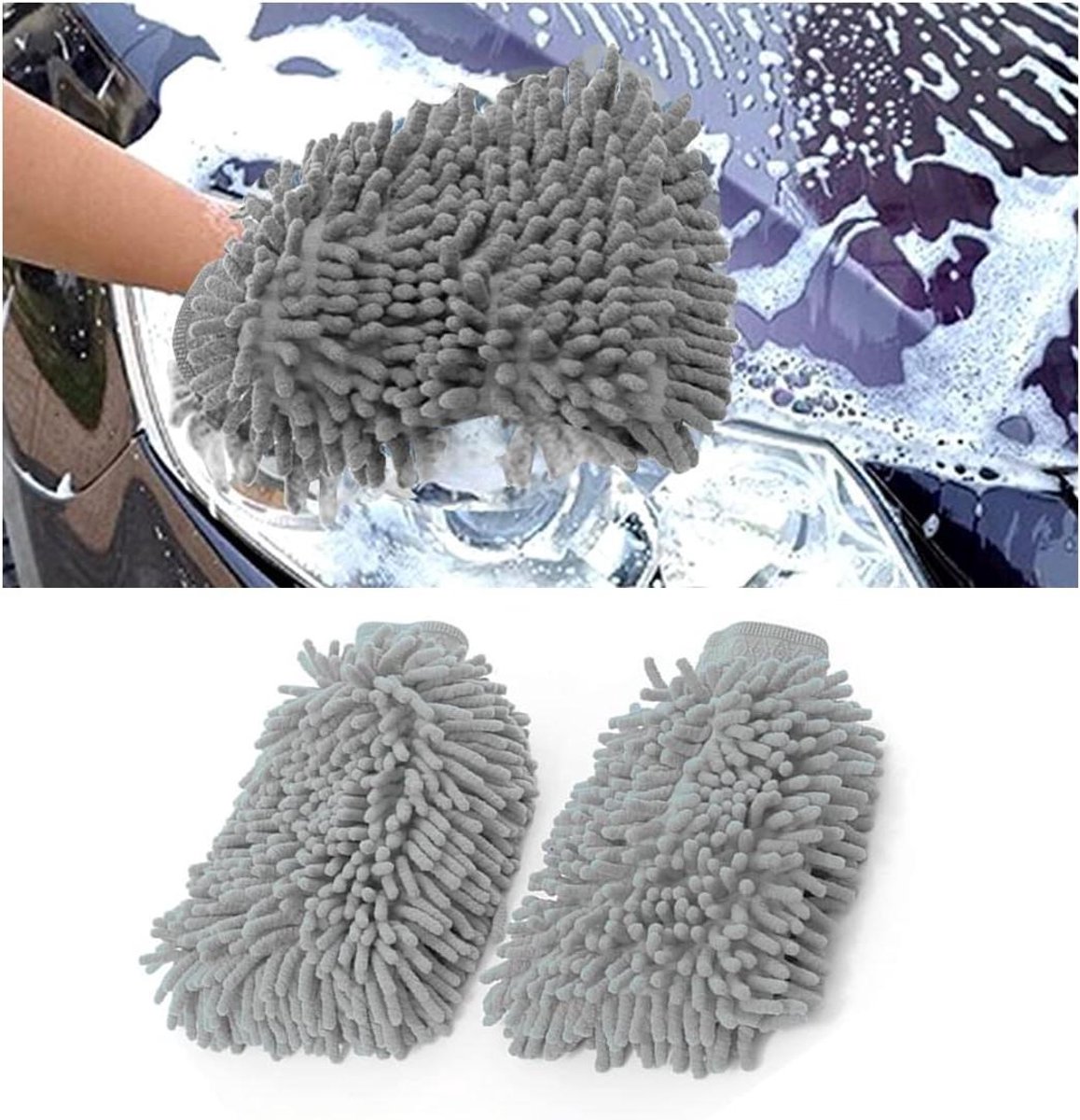 Autowashandschoen Microvezel - Spons Wassen - Auto Reinigen - Zacht Krasvrij Materiaal - 2 Stuks - Grijs