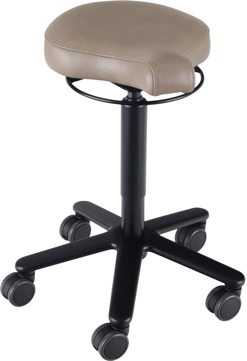 Biker zadelkruk leer Taupe - zwarte gaslift en kruispoot - leder bekleding – kleur Taupe
