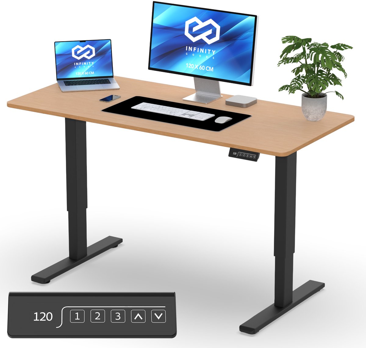 Infinity Goods Zit Sta Bureau Elektrisch Verstelbaar - 120 x 60 CM - Geheugenfunctie - Houtkleur