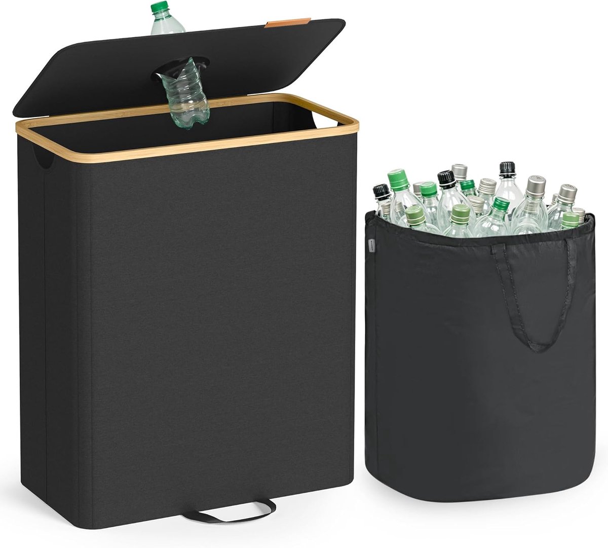 SONGMICS RRB513B01 Verzamelcontainer voor statiegeldflessen, 135 liter, flessenverzamelaar, lege inhoud, recyclingcontainer, met gat, deksel, binnenzak met handgrepen, keuken, inktzwart-natuurlijk