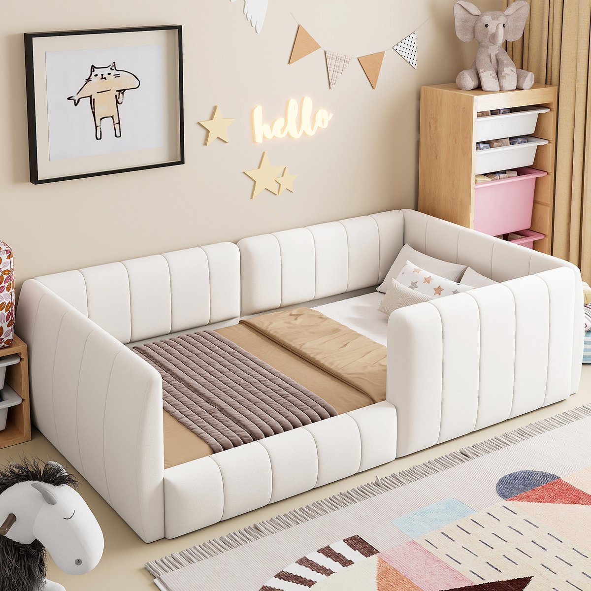 PHOEBE CAT Kinderbed - 90 x 200 cm - Gestoffeerd bed - Met veiligheidshek - Beige