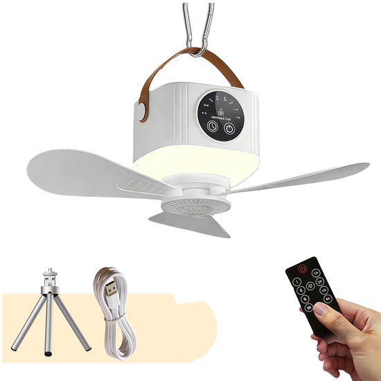 Draagbare oplaadbare ventilator 4 snelheden 16 uur batterij USB met timer en nachtlampje, compact en stil wit