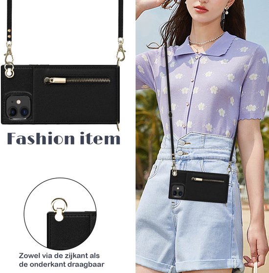 Zwart telefoonhoesje met portemonnee en ritsvak, gedragen door een model met crossbody band.