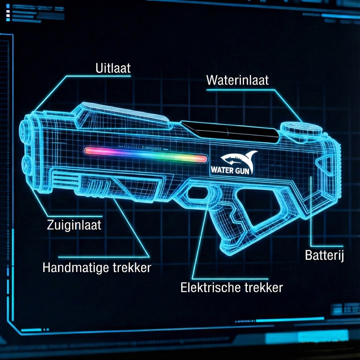 Elektrisch Waterpistool 46cm XL - 7m Bereik - 350ml - Water Pistool met Licht - Automatisch Watergeweer - Super Soaker - Waterspeelgoed - Elektrisch speelgoed - Buitenspeelgoed voor Kinderen & Volwassenen - Inclusief batterij - USB Oplaadbaar - Blauw — afbeelding 3