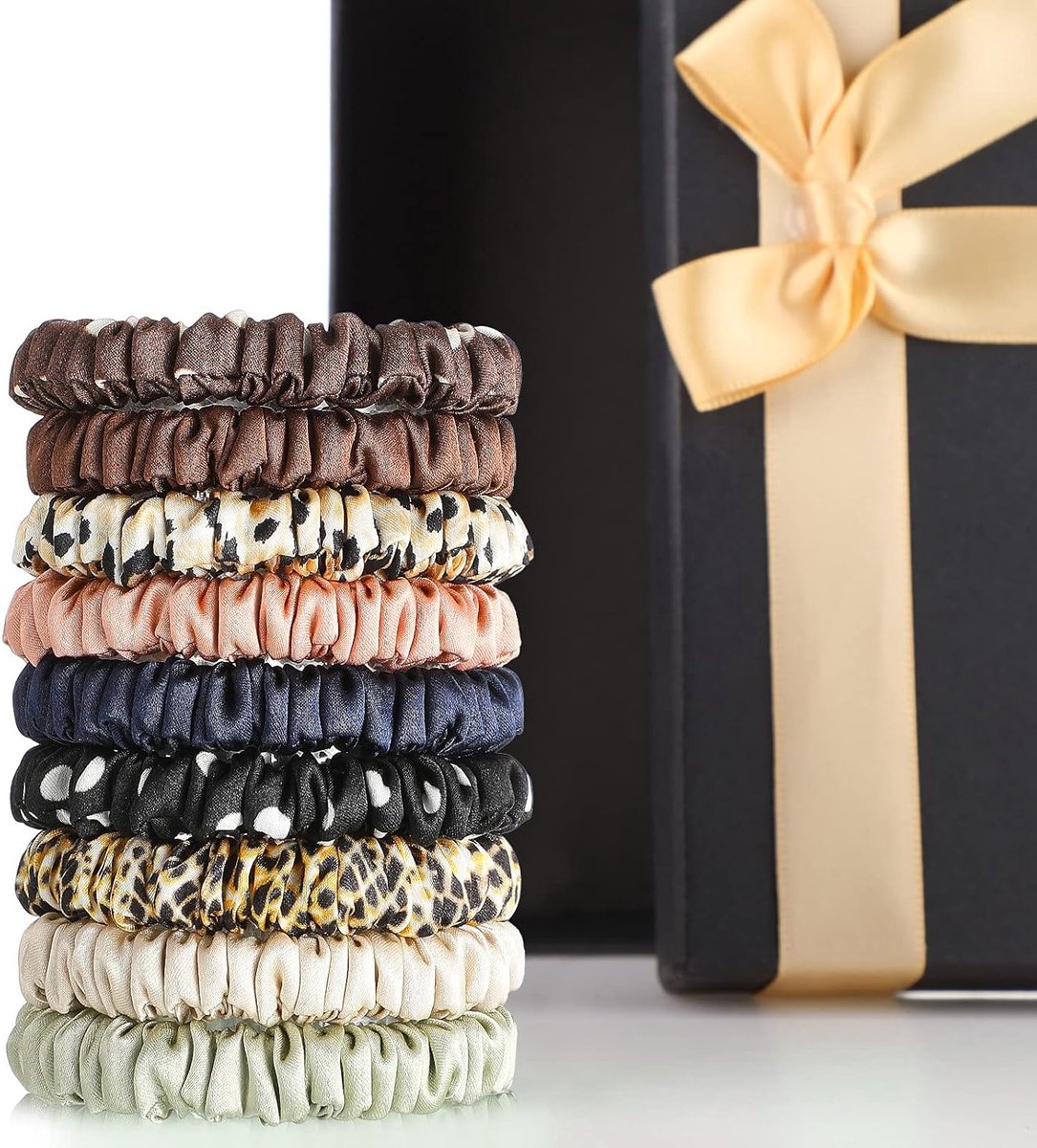 Set van 9 Dunne Zijde Scrunchies en Haarstrikken - Ponytail Houder Haaraccessoires voor Vrouwen en Meisjes in 9 Kleuren voor Feestdagen en Cadeaus