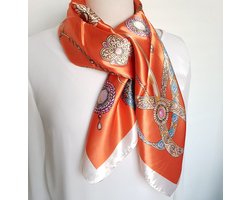 Dames sjaal satijn Oranje print -Youhomy accessoires Silk feeling sjaal 90x90 CM - Dunne vierkant satijn sjaal - zijden sjaal- Luxe shawl-Omslagsjaal- Moederdag cadeau-Valentijnsdag cadeau