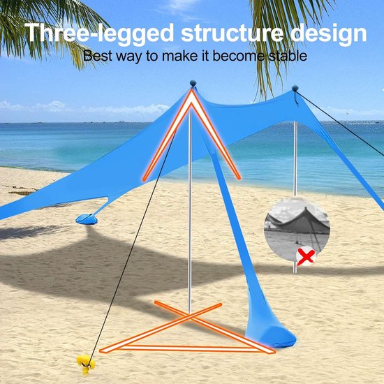 Strandluifeltent Zonnescherm met UPF 50+ UV-bescherming, strandtent zononderdak met zandzakken, palen en grondharingen en anti-windtouwen, outdoor pop-up tent voor strand, camping, achtertuin en picknicks — afbeelding 3