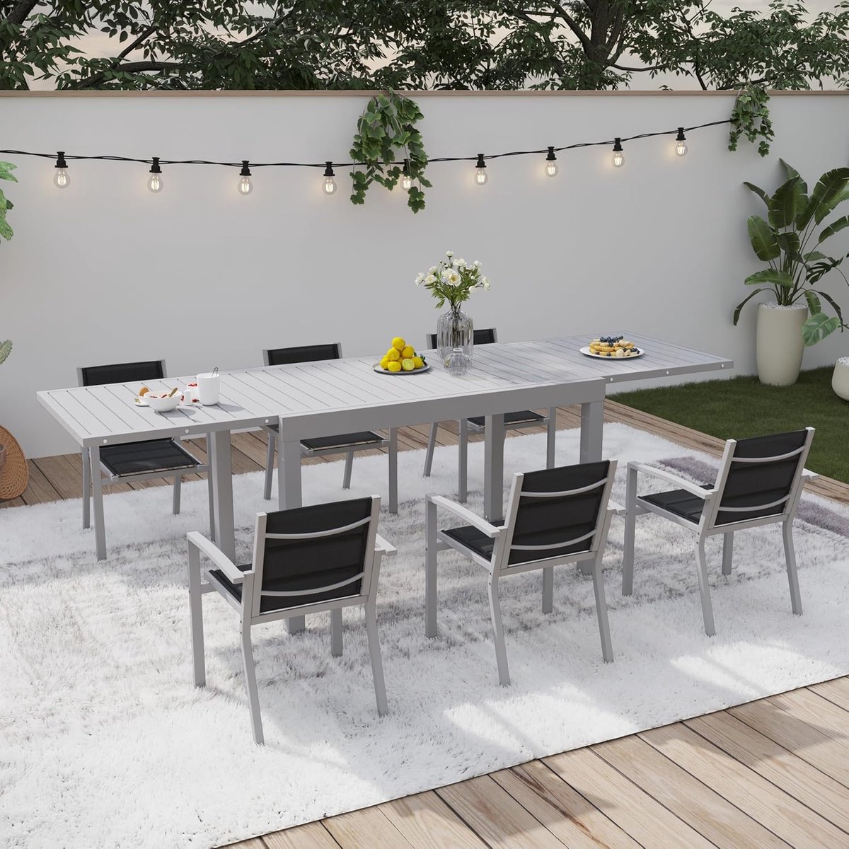 Tuinmeubelset 6 Personen 80-160x80x75 cm Uittrekbare Tafel + 6 Stapelbare Stoelen Aluminium Lichtgrijs Modern Weerbestendig – Nicolehome