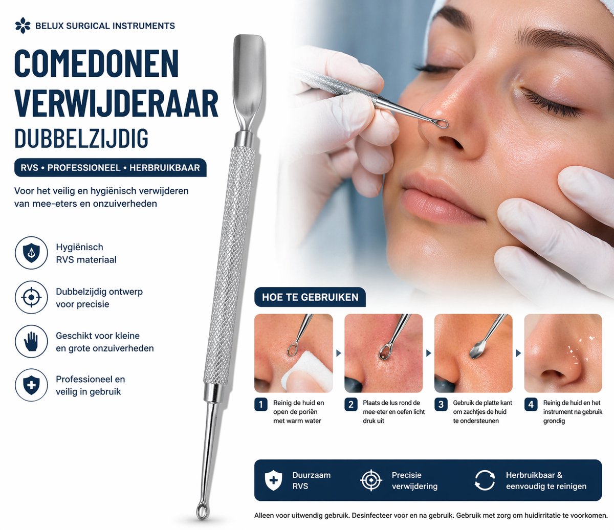 Belux Surgical Instruments – Comedonenverwijderaar Dubbelzijdig – RVS – Mee-eter Verwijderaar – Professionele Acne Tool