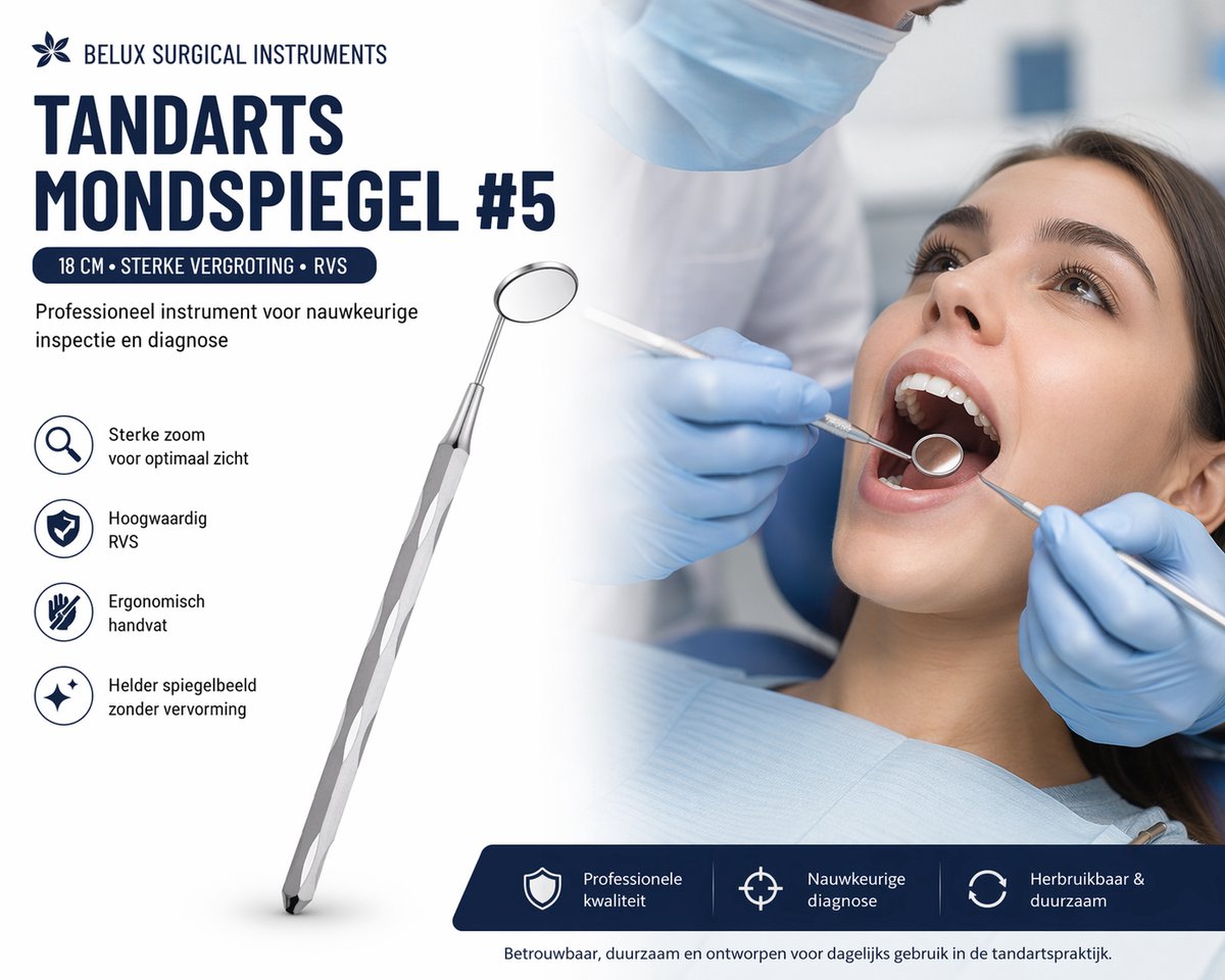Belux Surgical Instruments – Tandarts Mondspiegel #5 – 18 cm – RVS – Sterke Vergroting – Professioneel Diagnostisch Instrument