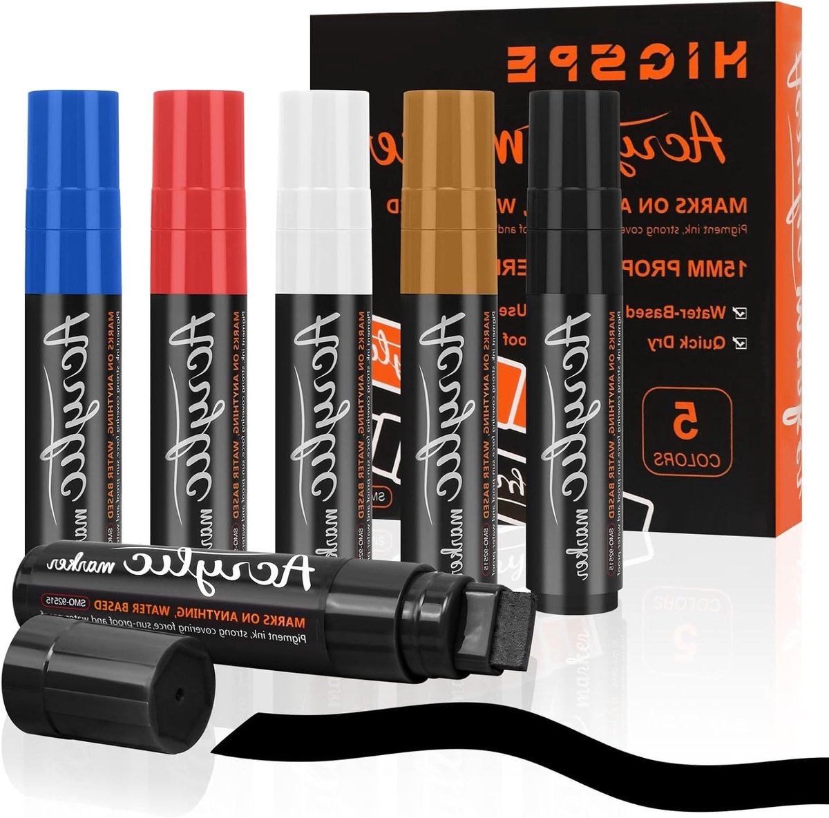 Vijf kleuren 15mm brede acrylstiften, 3-in-1 jumbo acrylverf graffiti markers voor stenen, waterbestendig en permanent, ideaal voor hout, glas, karton en bloempotten schilderen