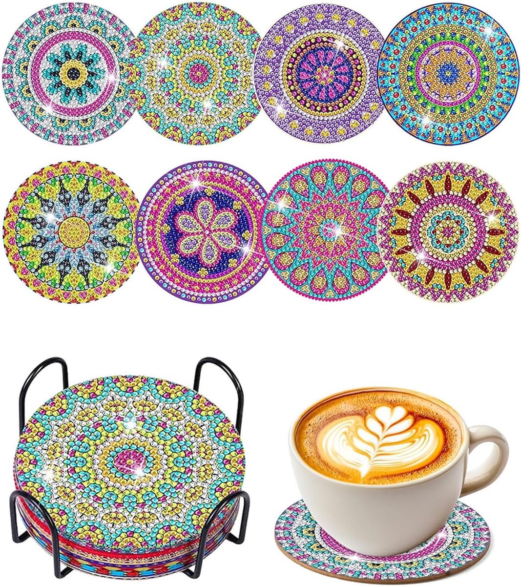 Set van 8 onderzetters met houder – Diamond Painting-set voor volwassenen – Creatieve DIY-mandala-onderzetters – Antislip – Geschikt voor beginners, volwassenen en kinderen