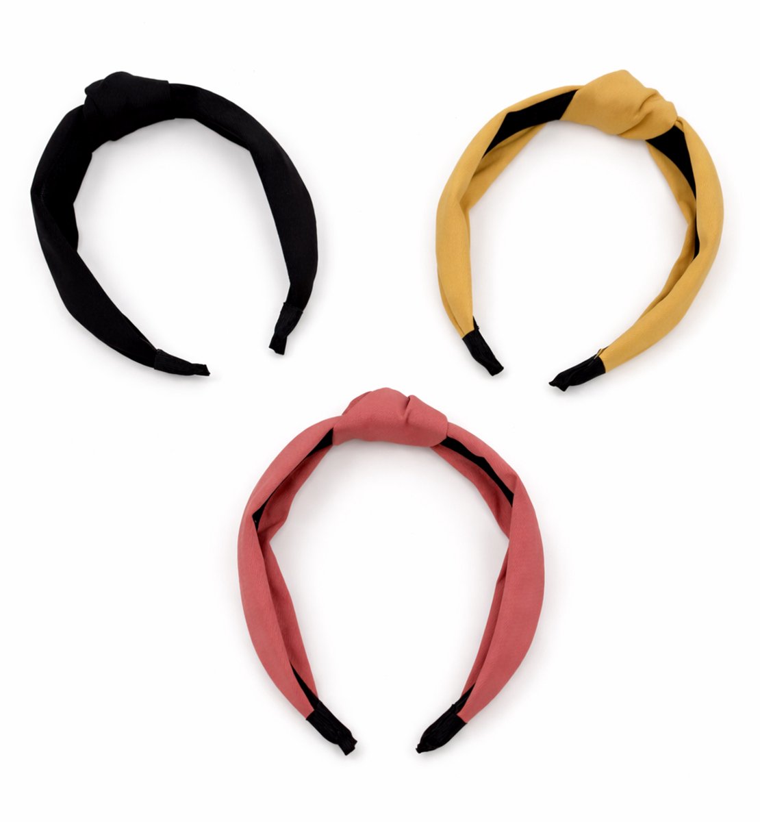 3 stuks - Haarbanden met knoop - Stoffen dames diadeem - Zwart, Roze, Oaker