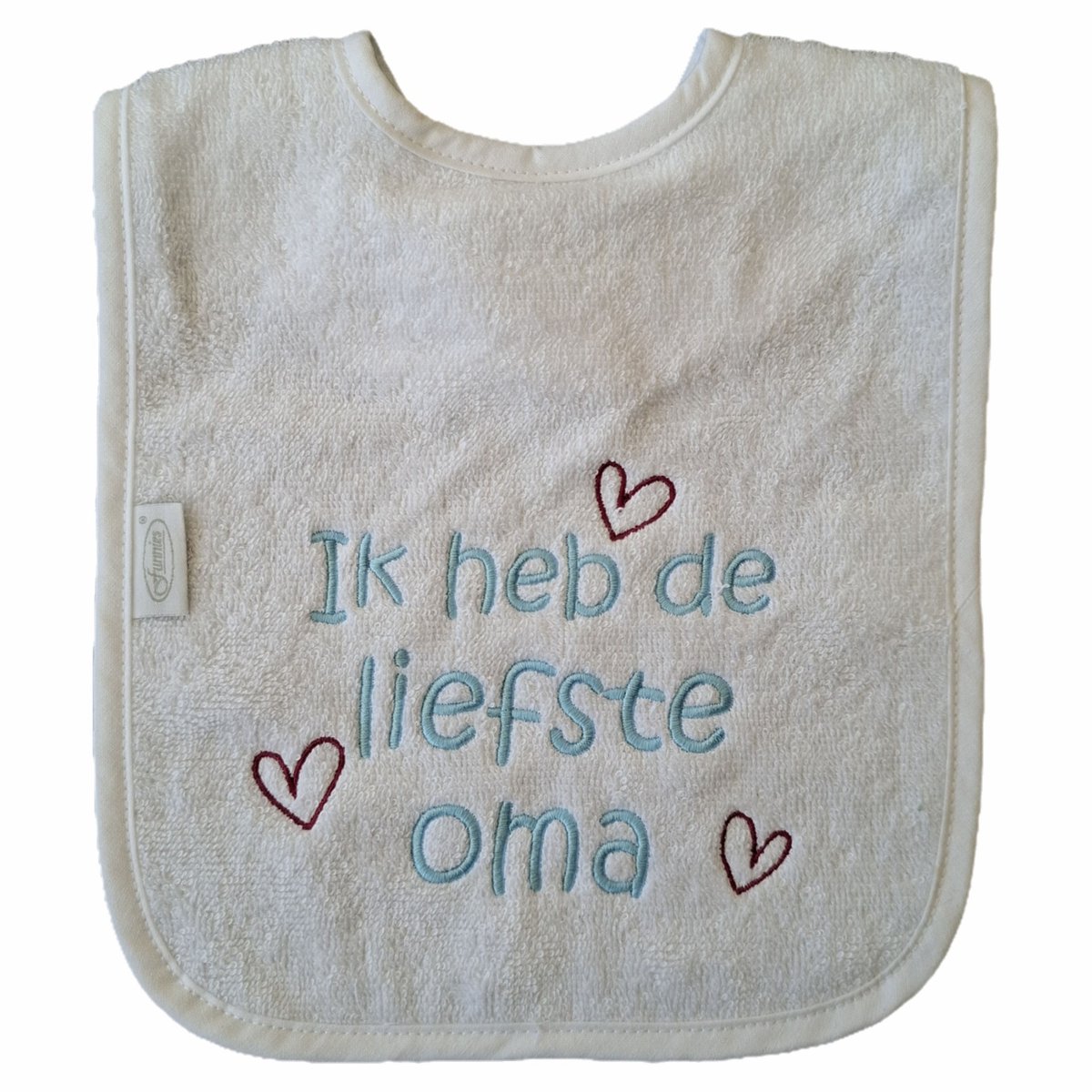 Witte slab met "Ik heb de liefste oma" - blauwe letters - grootmoeder, oma, opa en oma dag, kraamcadeautje, verjaardag, cadeautje, baby, slabber, bavet