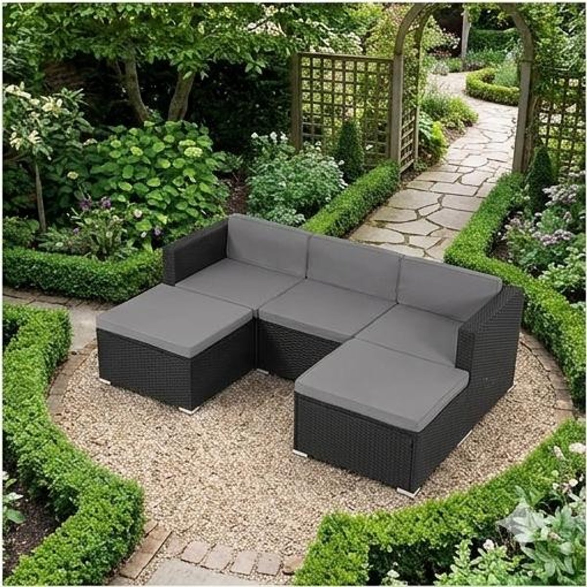Tuinmeubelset Polyrotan Loungeset 3-4 Personen met Bank, Stoel en Tafel 200x150x75 cm – Zwart Balkon en Terras Meubelen Weerbestendig Modulaire Lounge – Urbanhome