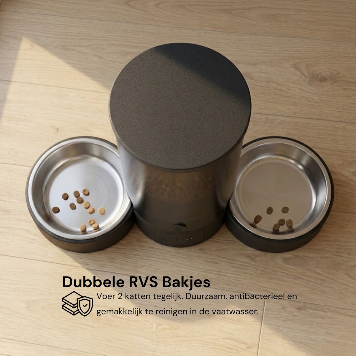 AnimalAesthetics Automatische Voerbak voor Kat & Hond Zwart– App-bediening, Twee Bakken van Roestvrijstaal, - Voerautomaat Kat 3L thumbnail 5