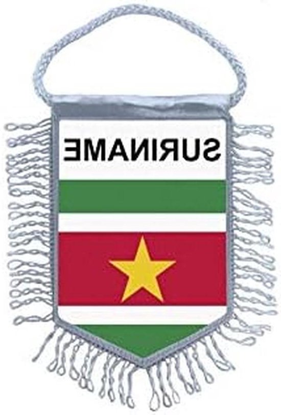 Mini vlag van Suriname met groene, witte en rode strepen, en een gele ster. De tekst 'SURINAME' staat bovenaan.