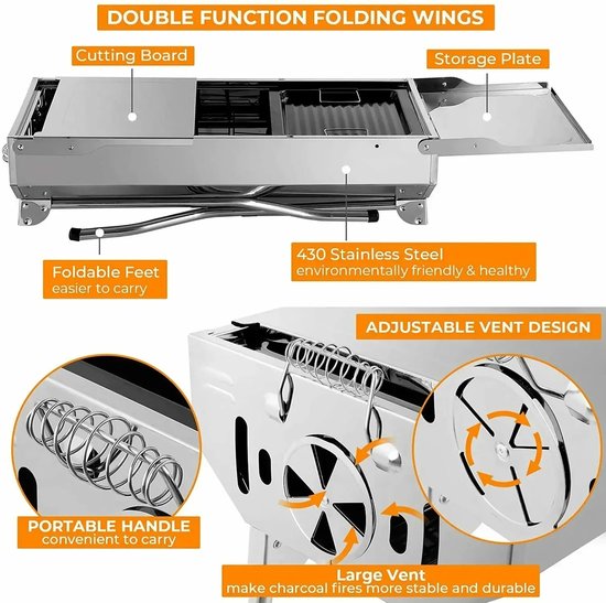 BBQ - Barbecues - BBQ houtskool - Draagbare Houtskool BBQ - Inklapbare RVS Barbecue met Zijtafels & Accessoires - Camping Grill met Ventilatie & Opbergrek - 122 × 30 × 75 cm van Merkloos — afbeelding 4