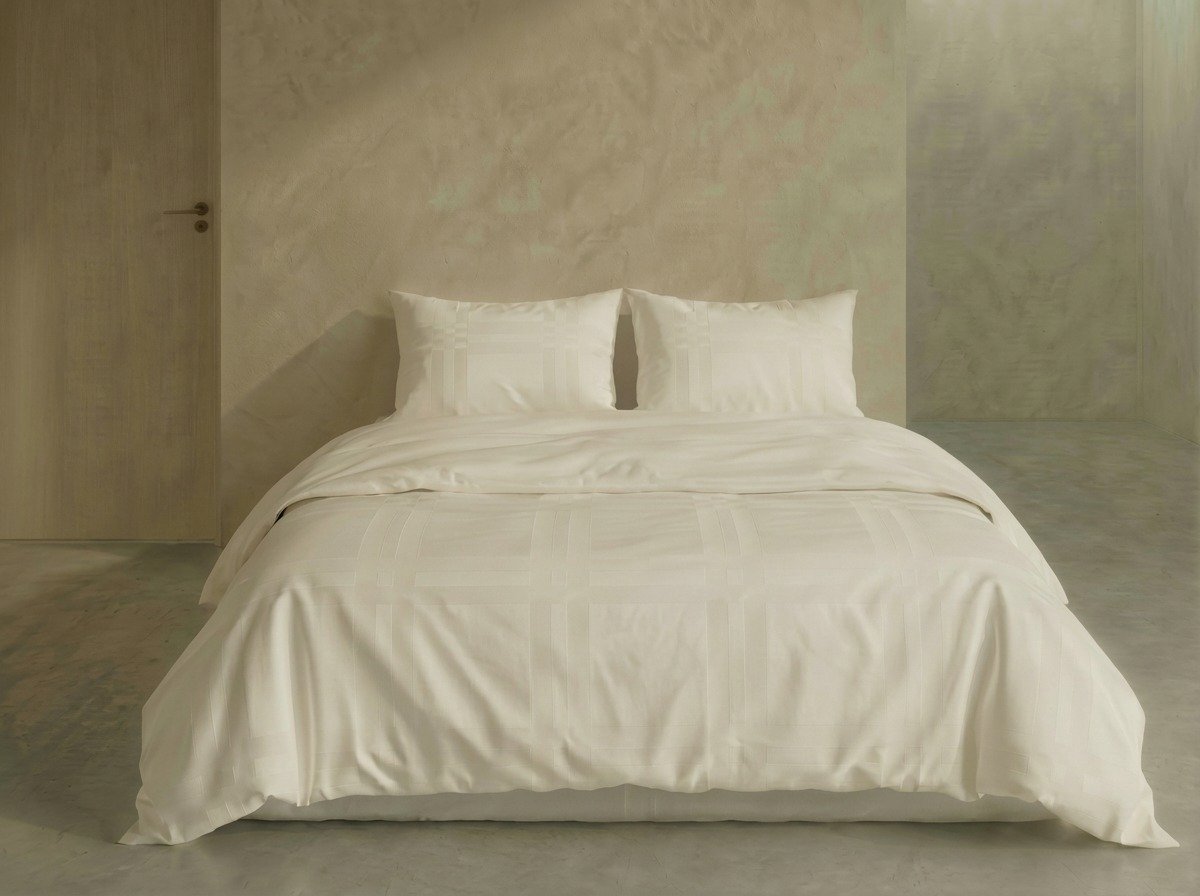 Caro - Dekbedovertrek Set - 100% Katoen Satijn - 230 TC - 160x200/220 cm + Kussensloop - Ecru - Jacquard geweven patroon