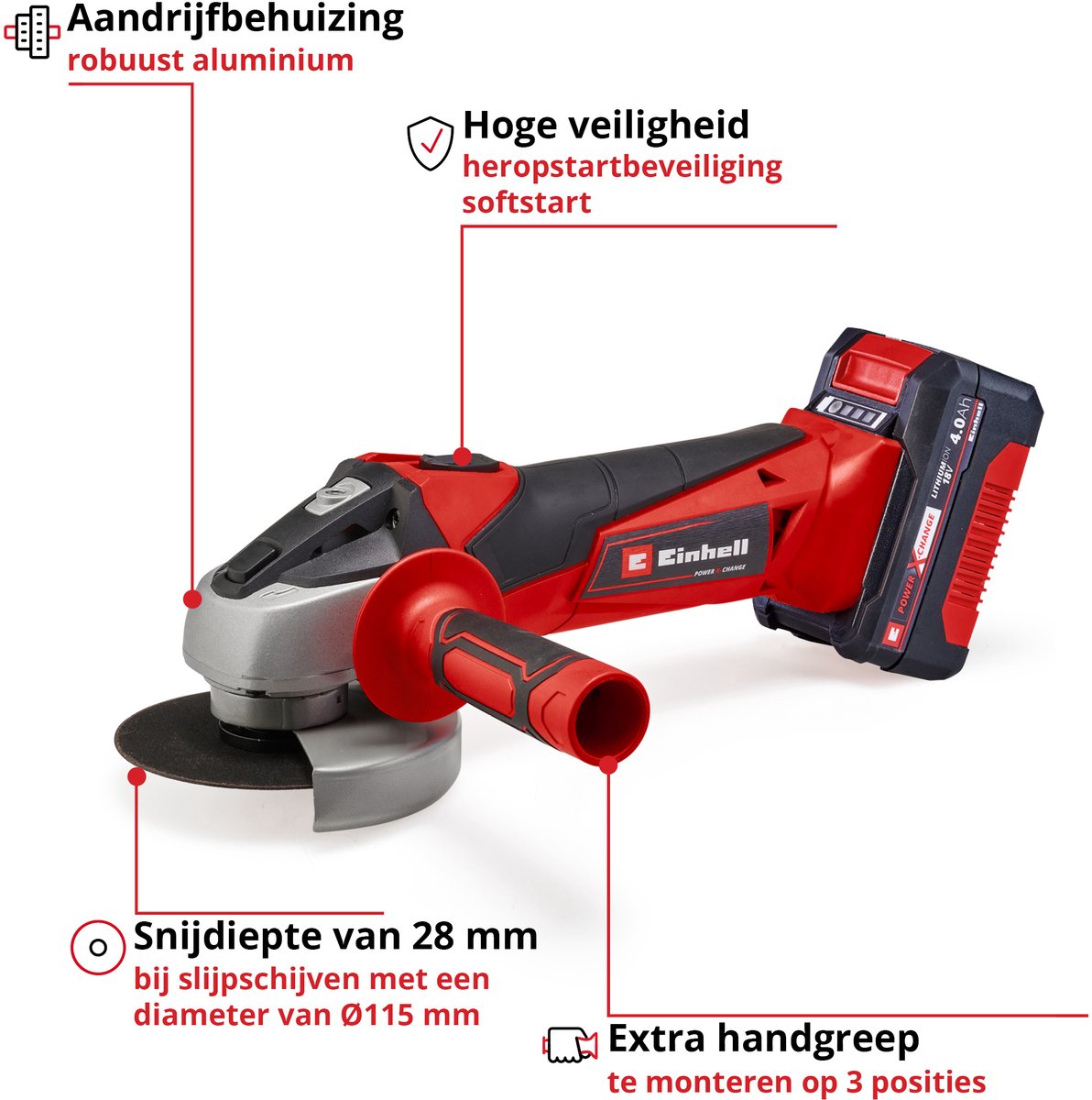 Einhell Accu Haakse Slijper TC-AG 18/115 Li Kit - Power X-Change - 18 V/Li-ion - Ø115 mm - 8.500 t/min - Max. Snijdiepte: 28 mm - Incl. 1x 4.0 Ah Accu en Lader thumbnail 3
