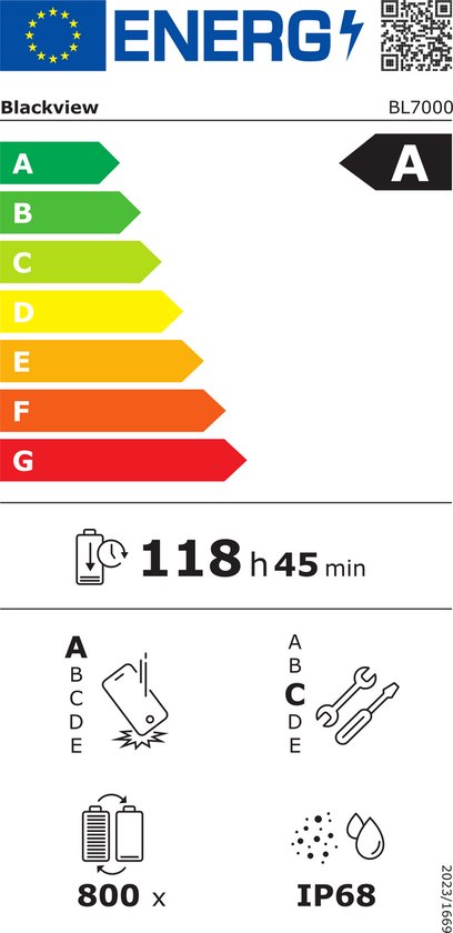 Energie-efficiëntielabel voor Blackview BL7000: energieklasse A, 118u 45min batterijduur, IP68, 800 laadcycli.