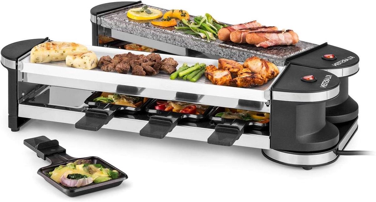 Klarstein Tenderloin - 50/50 raclettegrill elektrische grill, totaal vermogen: 1200 W / 600 W per staaf, afzonderlijke bediening van beide staven, 8 personen, 1 x natuursteenplaat / 1 x metalen grillplaat, wit