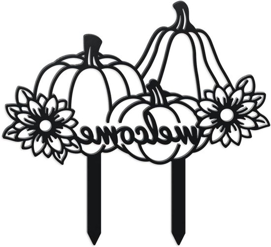 Zwarte metalen decoratie met de tekst 'welcome', drie pompoenen en twee bloemen.