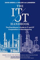 Boek 'The IT/OT Handbook' met een blauwe omslag. Illustratie van industriële fabriek met pijpleidingen en een vrachtwagen.