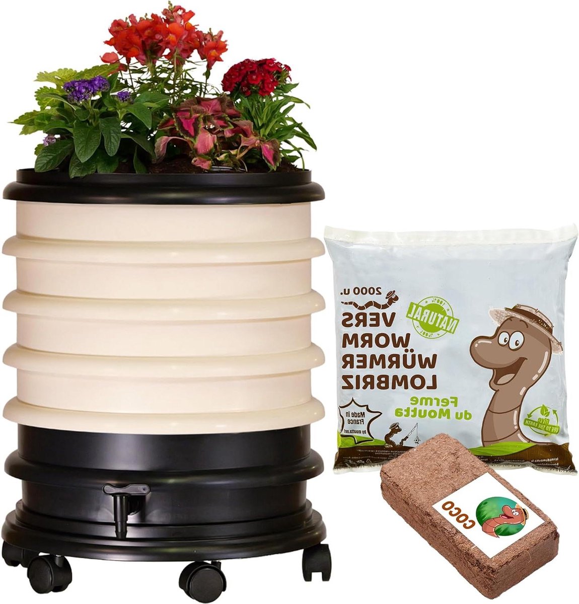 Wormenbak Composter - Wormenbak Composter - Organisch Afval Verwerken - 4 Bakken Inclusief Wormen - 48 liter - Ivory