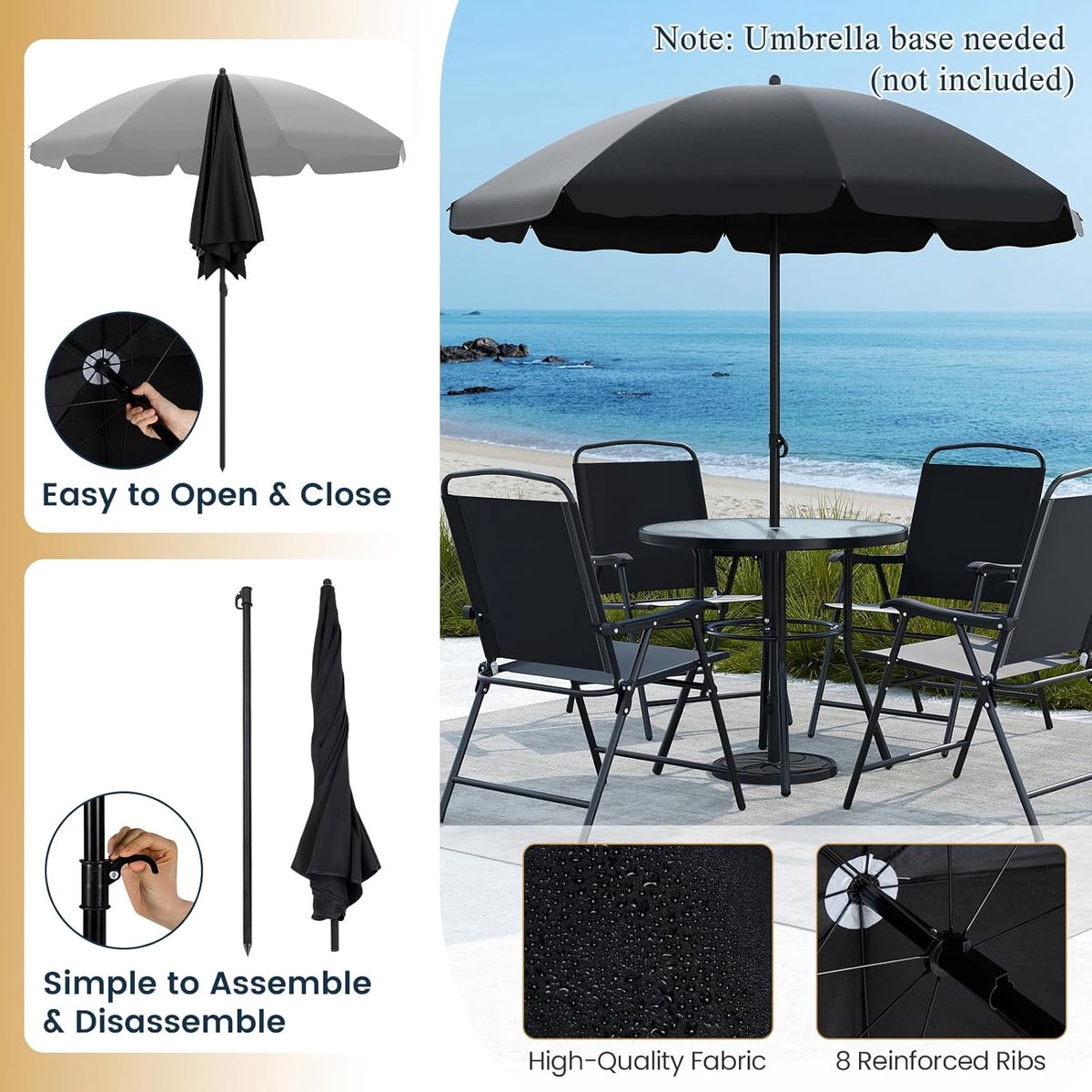 Royal Bistro Garden Dining Set - 6-Delig - Inclusief Parasol, Glazen Tafel & 4 Inklapbare Stoelen - Textilene & Gehard Glas - Zwart