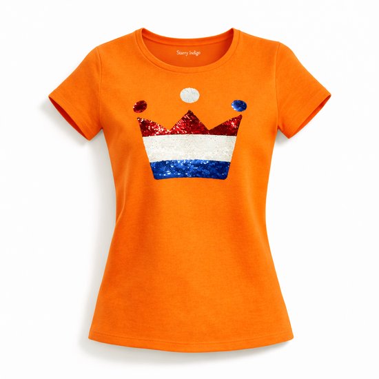 T-shirt orange pour femme avec une couronne drapeau néerlandais à paillettes.