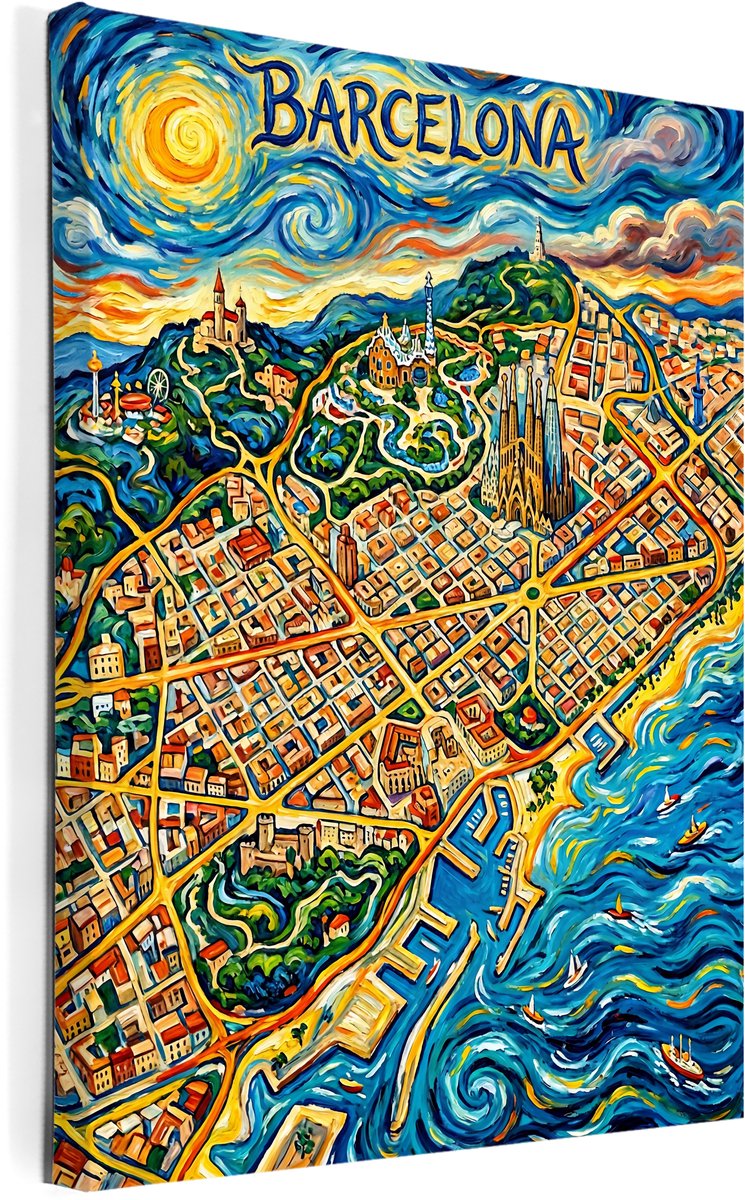 Stadsposter Barcelona wanddecoratie op canvas afmeting 75x100cm - stadskaart - plattegrond - schilderij stad - steden posters