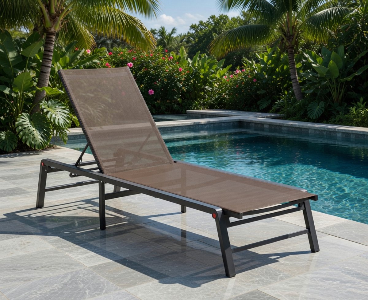 Opvouwbare Aluminium Chaise Lounge Tuinstoel 115x60x30 cm – Verstelbare Ligstoel met 5 Posities, Weerbestendig & Lichtgewicht – Bruin – Nicolehome