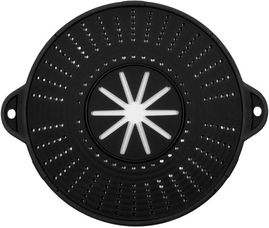 Couvercle anti-éclaboussures rond en noir en silicone, avec une étoile blanche au centre et des poignées sur les côtés.