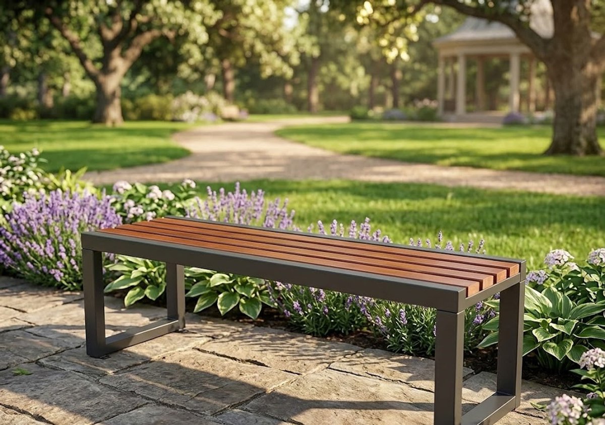 Robuuste Massief Houten Tuinbank 100 cm met Verzinkt Stalen Frame & Afneembare Rugleuning – Weerbestendige Parkbank voor Buiten, Terras en Openbare Ruimtes