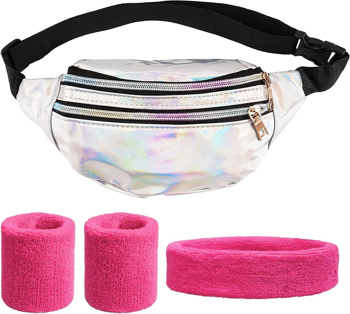 4-delig kostuumset met polsbanden, roze tas en accessoires voor 80s themafeesten, sport en retro evenementen