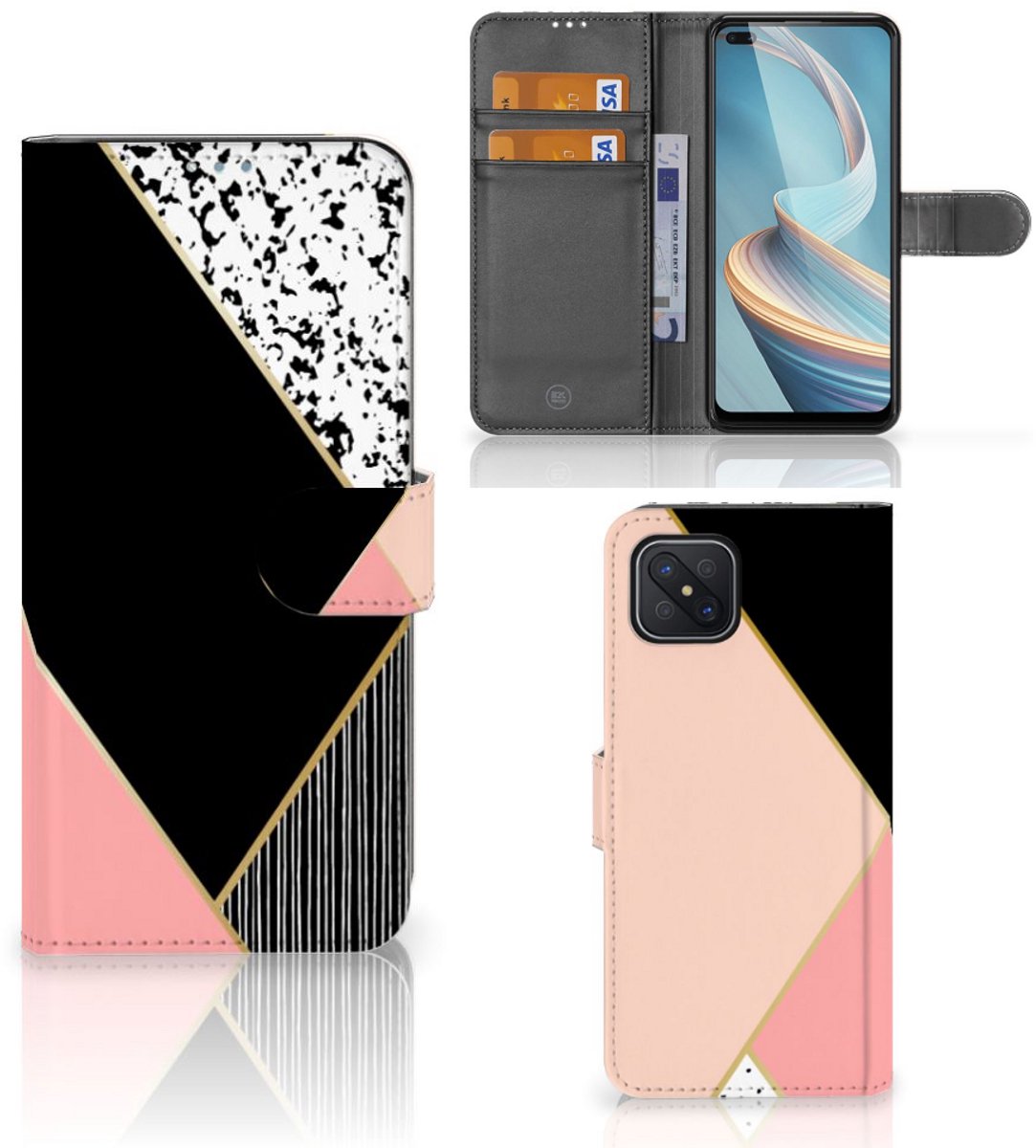 OPPO Reno4 Z Book Case Zwart Roze Vormen