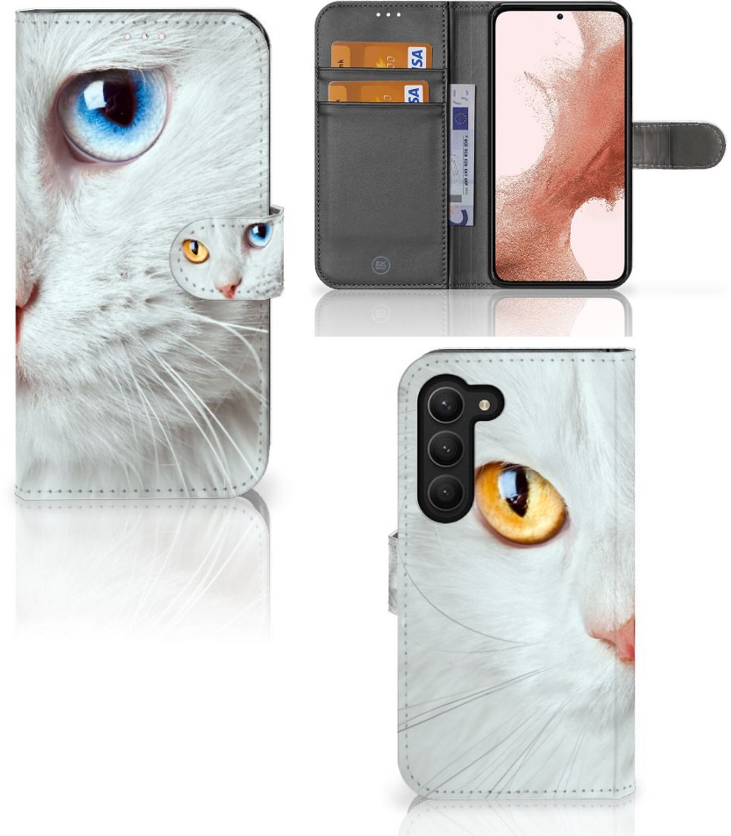 Samsung Galaxy S23 Telefoonhoesje met Pasjes Witte Kat
