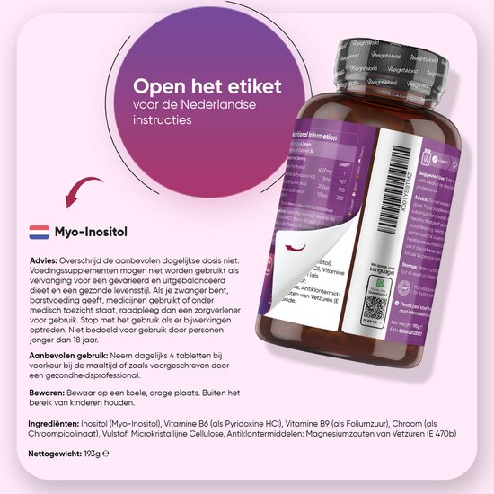 Flesje WeightWorld Myo-Inositol tabletten met de Nederlandse ingrediëntenlijst, voedingsinformatie en adviezen.